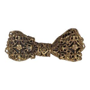 Antique Bow Brooch Alternative Dickie Bow Tie Ornate Czech Filigree Gilt Brass